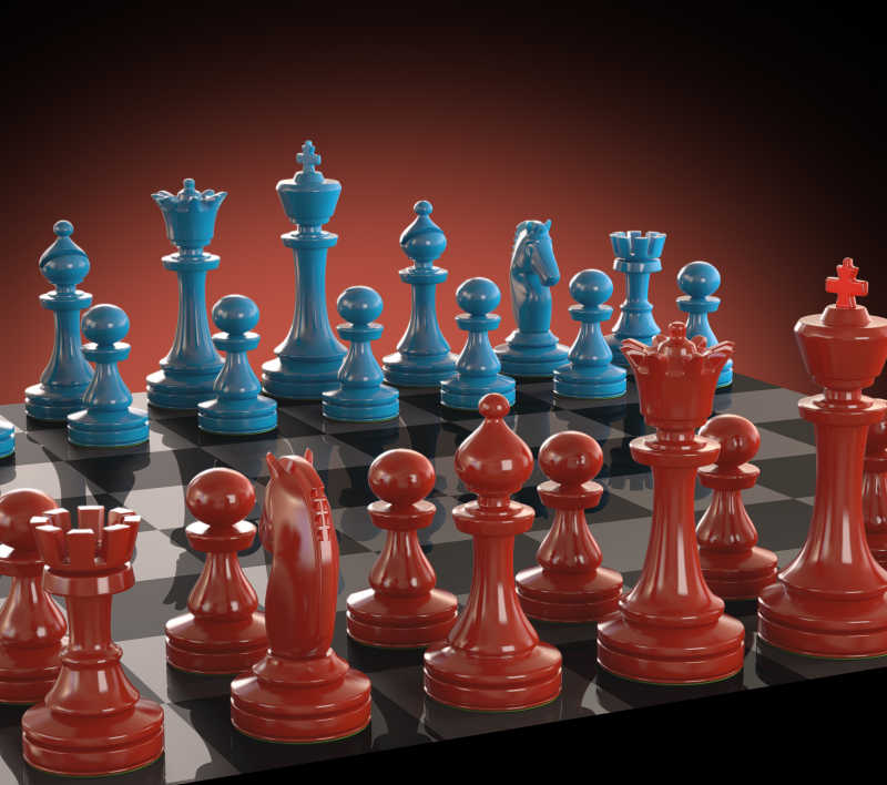 玻璃棋盘上的红蓝棋子对抗