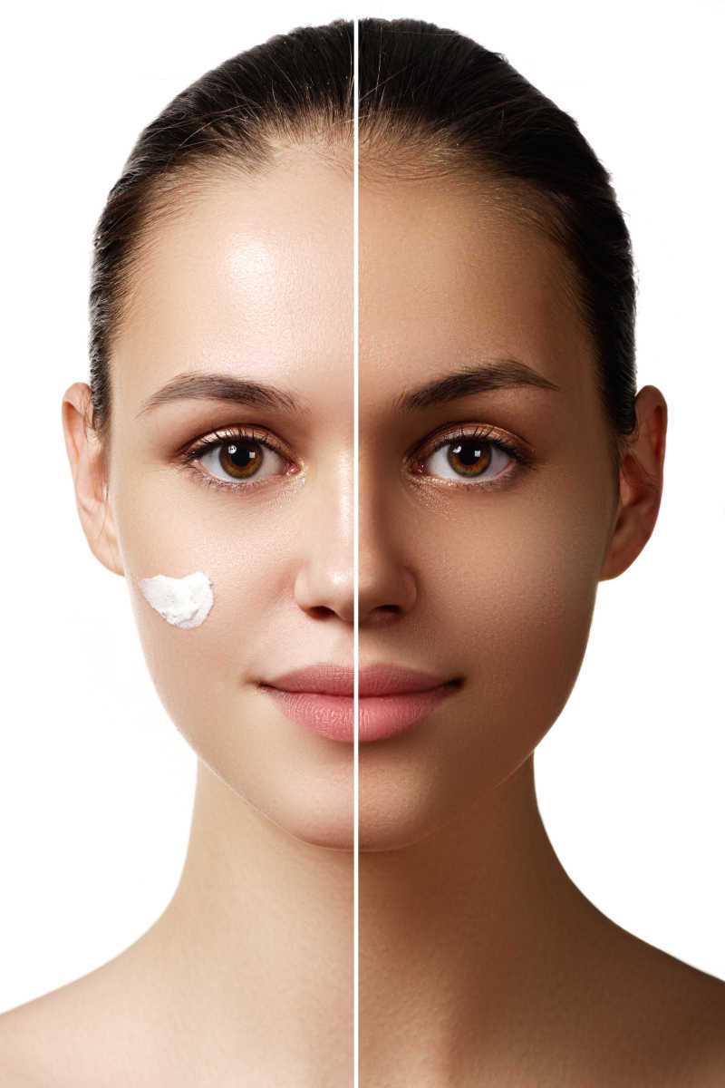 晒黑前后皮肤黝黑的年轻女子