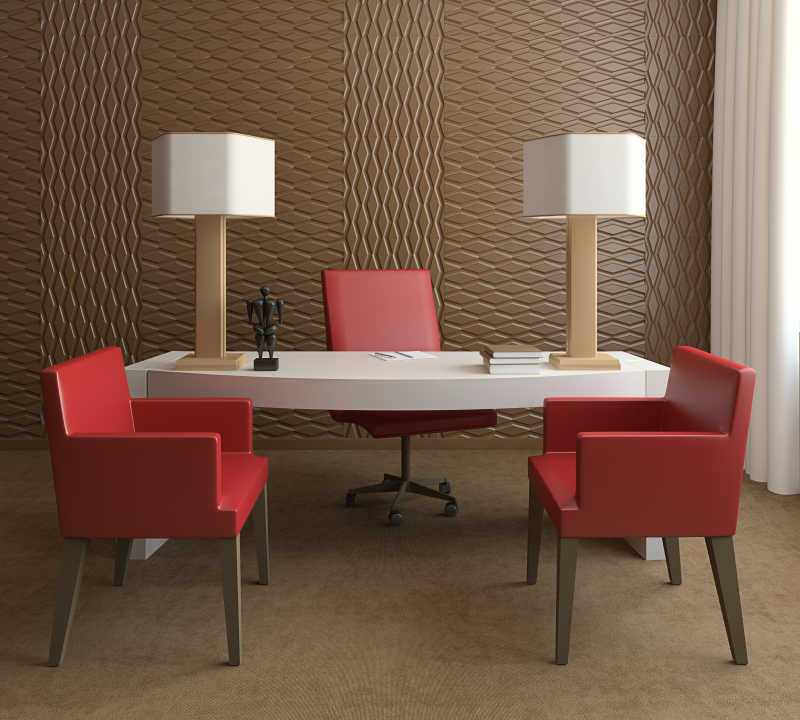 办公室里的红色椅子和棕色墙壁