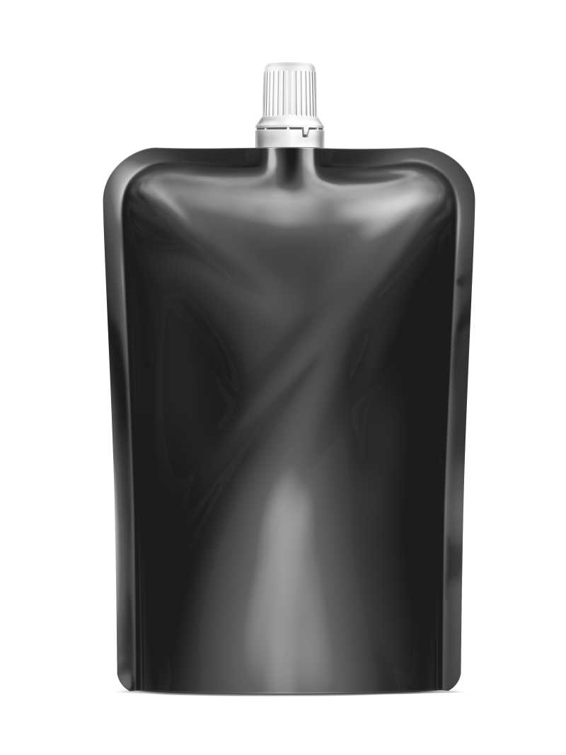 白色背景下的黑色空白箔食品或饮料袋包装