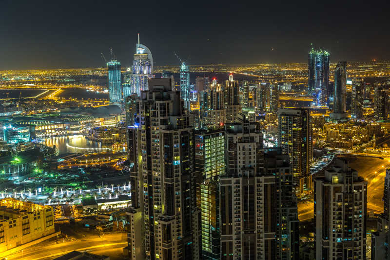美丽的夜景迪拜鸟瞰