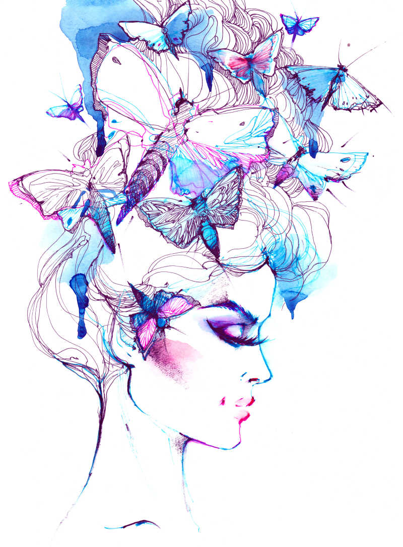 带蝴蝶的女人手绘