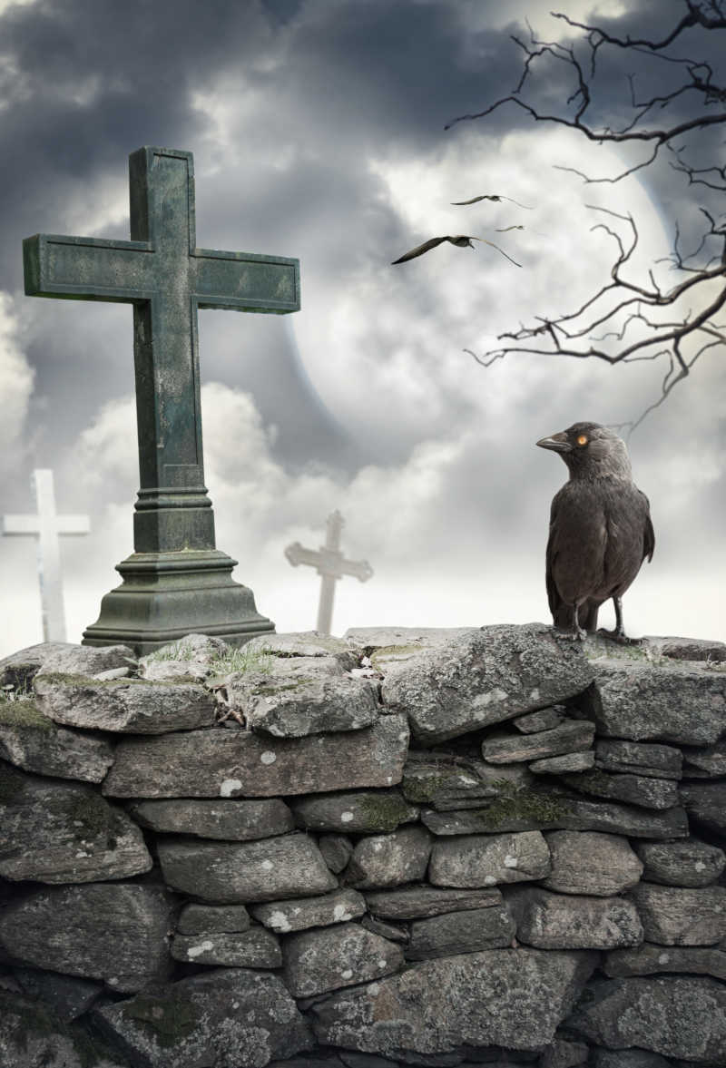 昏暗的天空下墓地的围墙上放着一个十字架旁边站着一只黑色的乌鸦
