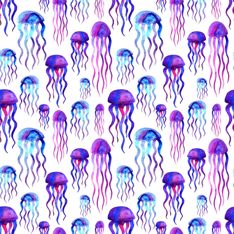 五彩缤纷的紫罗兰与蓝色手绘水母