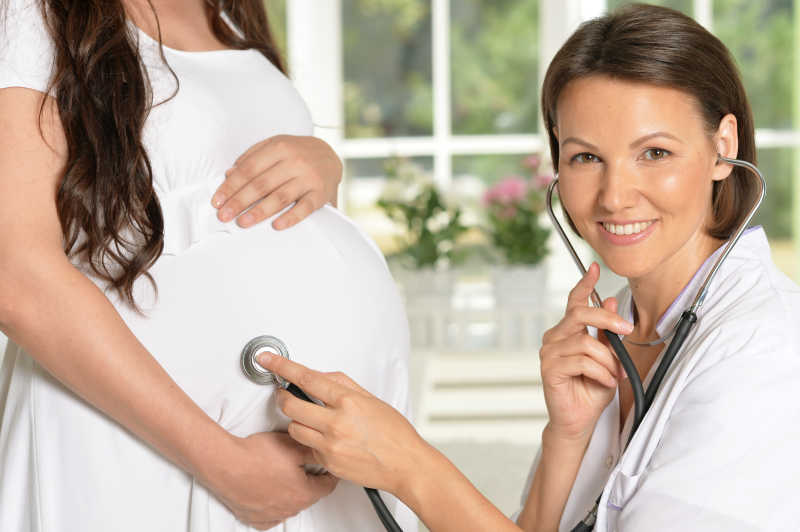幸福孕妇和女医生的肖像