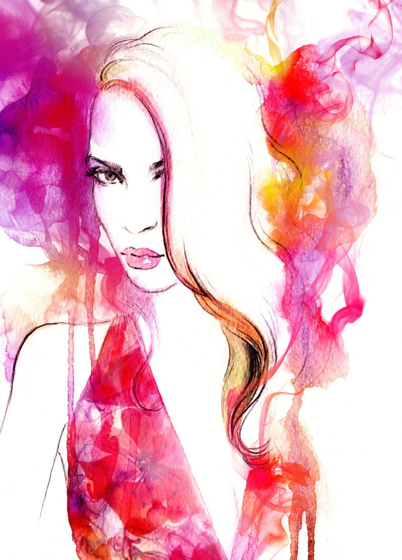 侧脸的水彩画美女