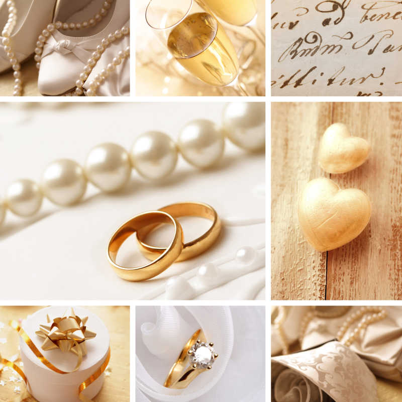 结婚戒指和珍珠项链的拼贴背景