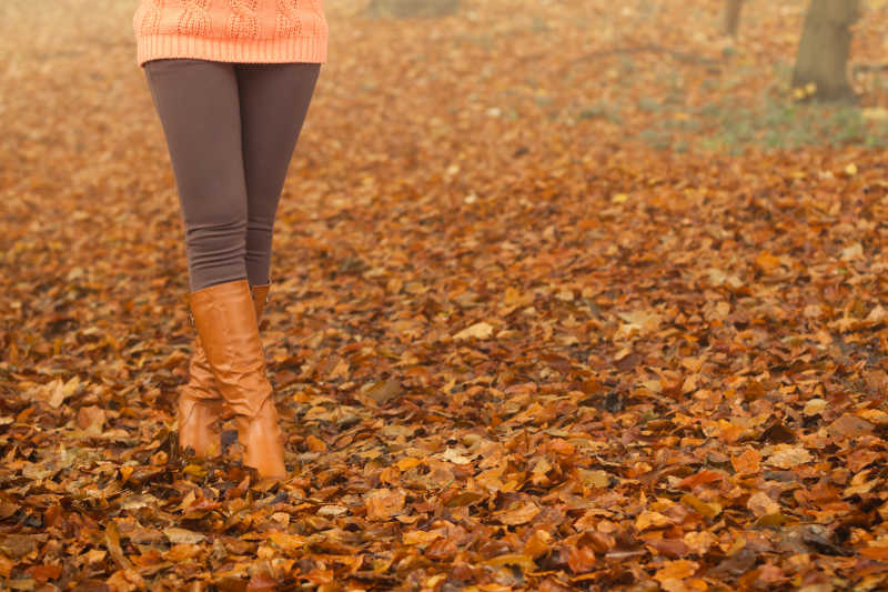 秋天落叶下的棕色女士靴子