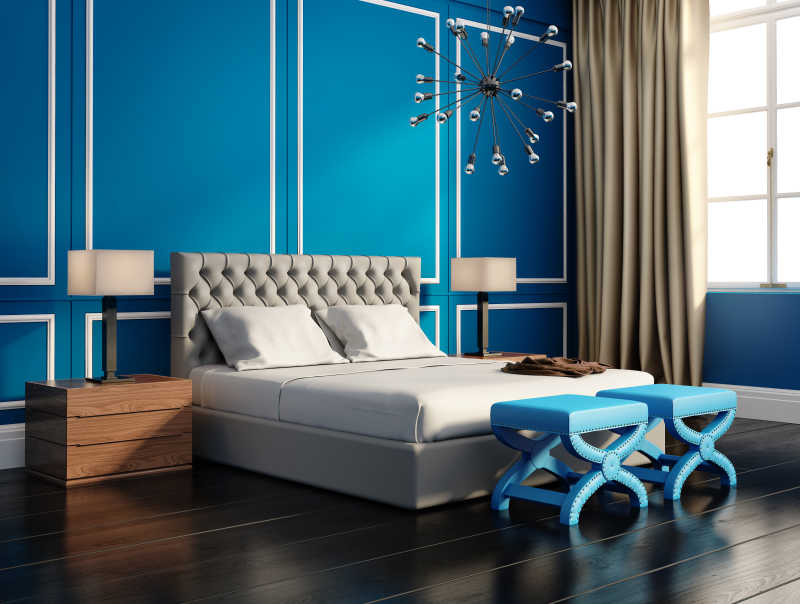 当代高雅奢华的蓝色大卧室