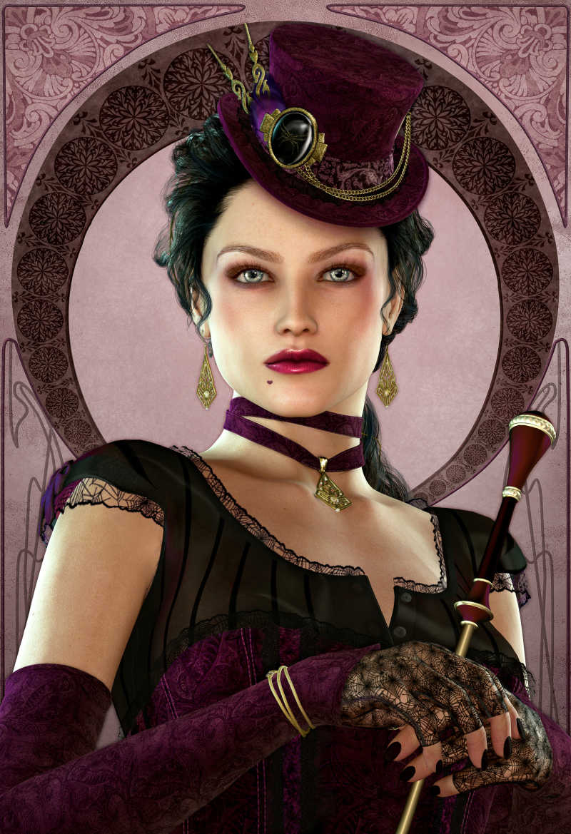 褐色背景下拿着手杖的时尚复古女士