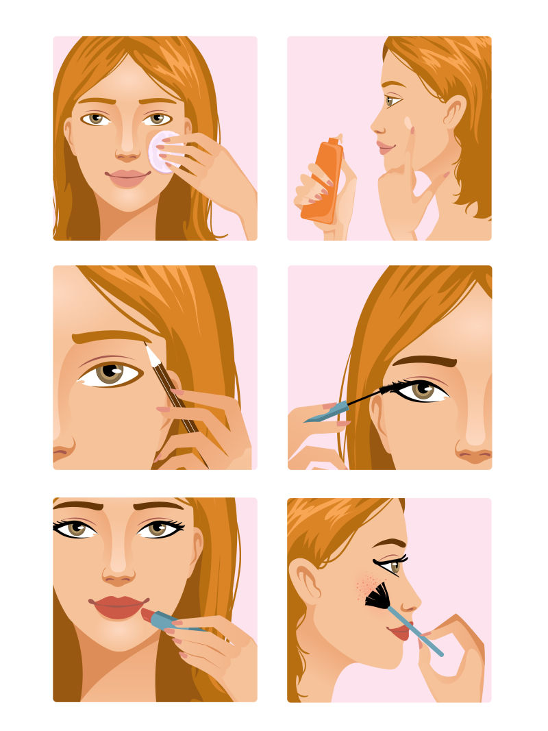 在示范化妆的美女卡通