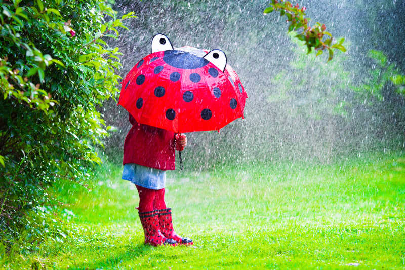 小孩子下雨天撑着伞在公园