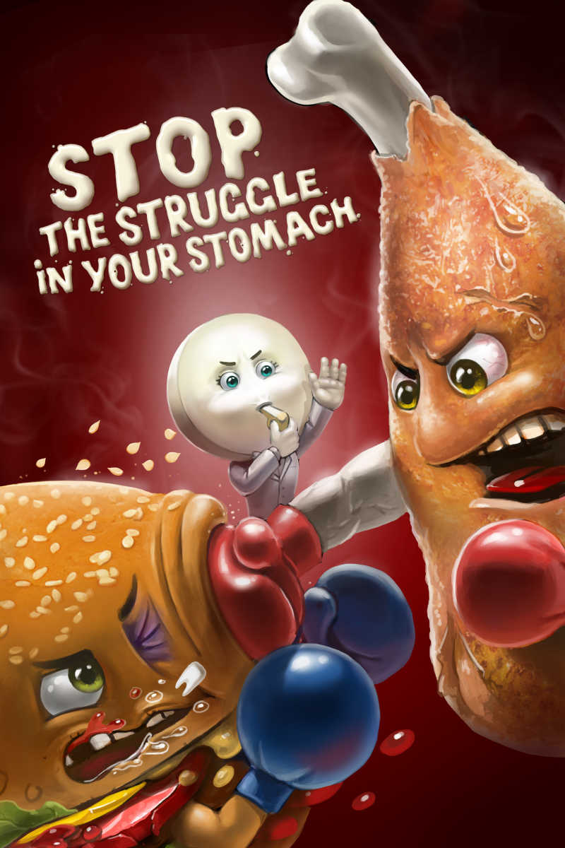 卡通鸡腿和汉堡在打拳击