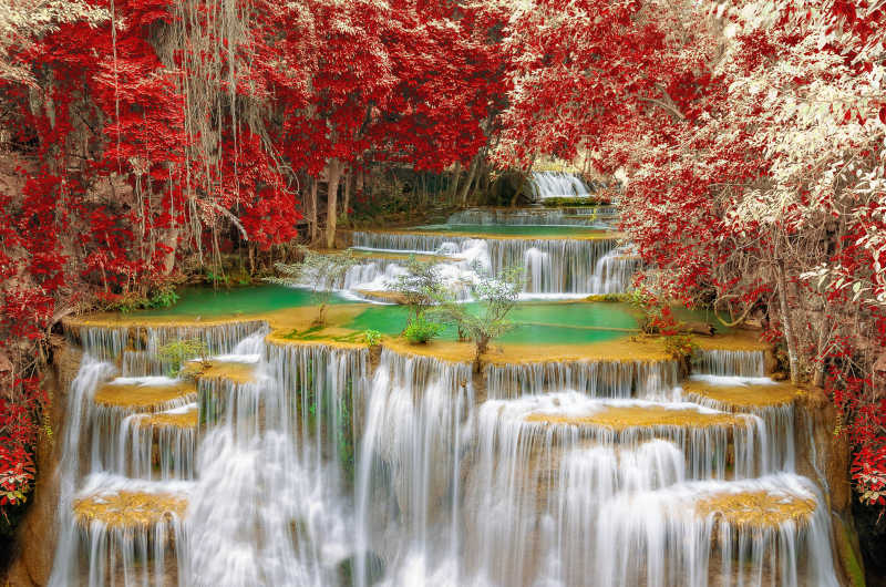 秋天森林里的美丽瀑布