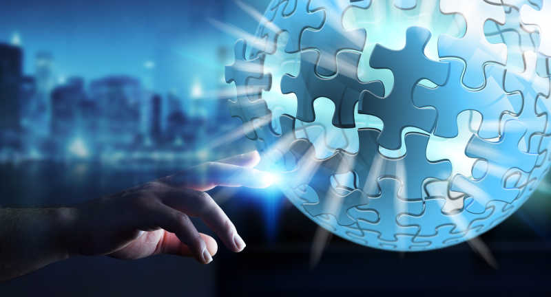 3D渲染的蓝色球状拼图