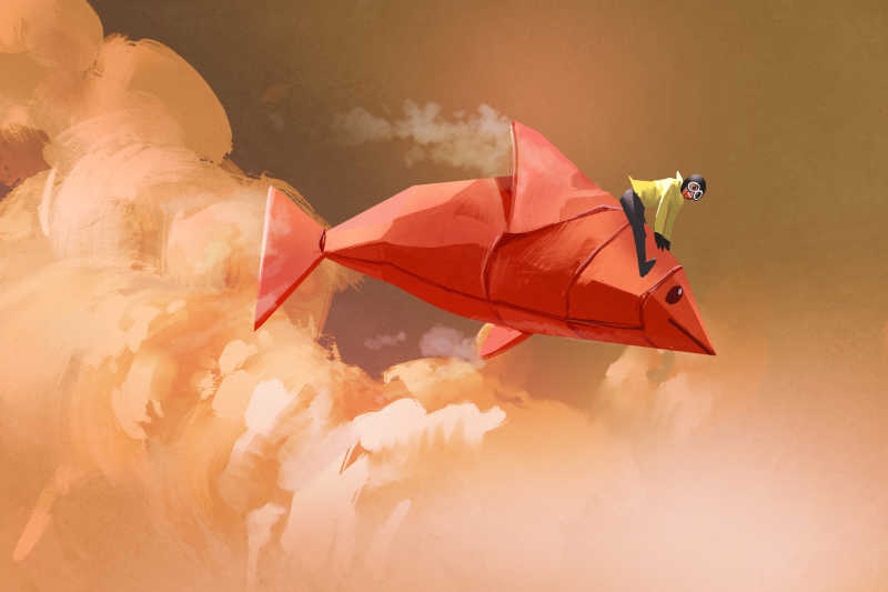 骑在折纸上飞翔在云端的人插画