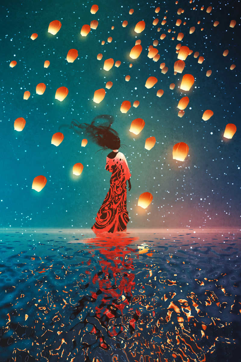 夜空漂浮的灯笼和站在水上的女人插画