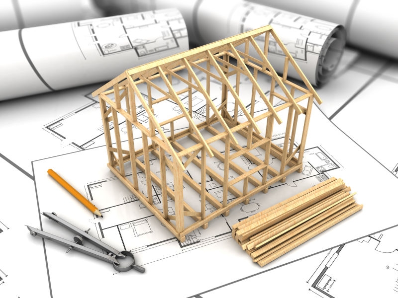 筆圓規設計圖紙和3d房屋框架模型