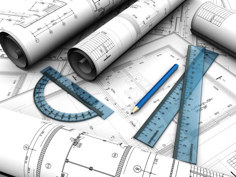 笔尺子和房屋设计图纸