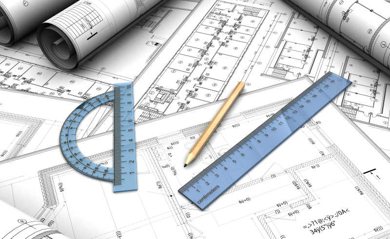 尺子笔和房屋设计图纸