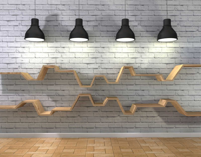 白色砖墙上的创意书架和吊灯