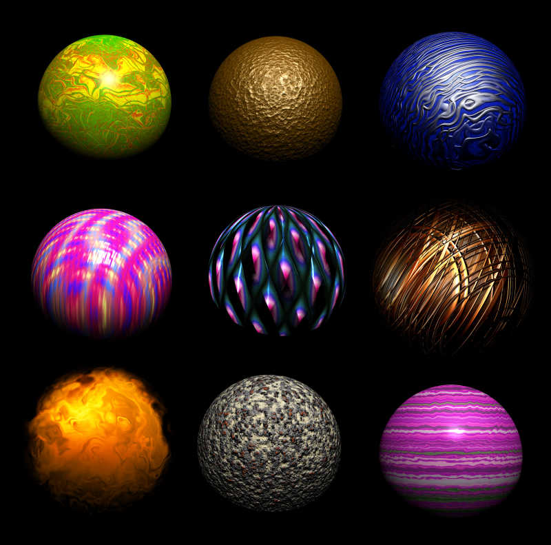 黑色背景中的各种彩色球体