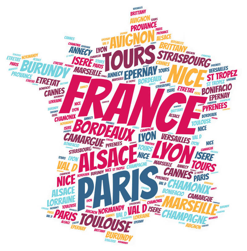白色背景前的法国顶级旅游地名