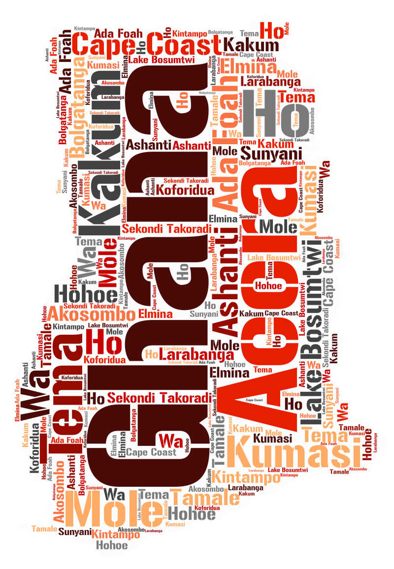 白色背景前加纳旅游地名