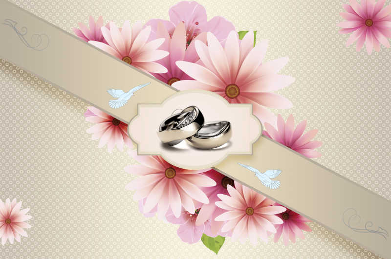 金色古典装饰和鲜花戒指背景的婚礼请帖