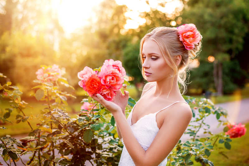 双手捧着红色花朵的美女