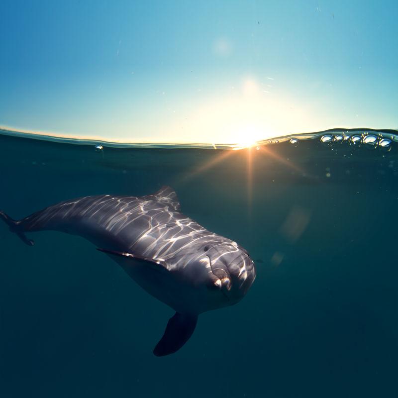 水下被阳光照射 的海豚