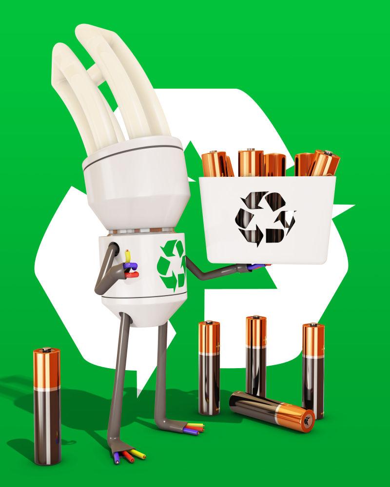 绿色背景下电池的回收再利用3D字符