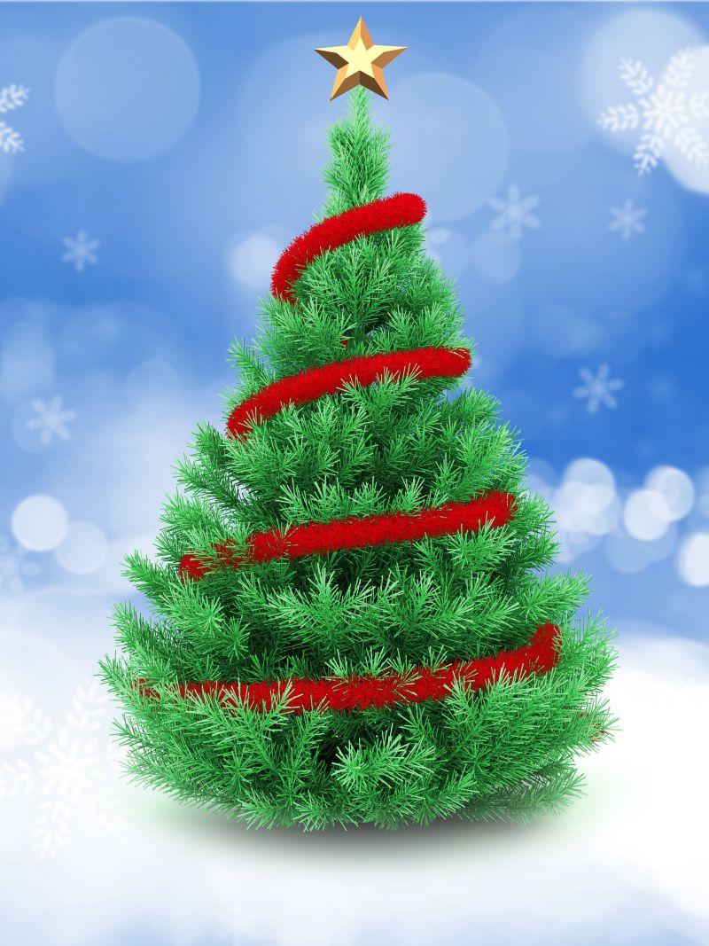 蓝色飘雪背景下红色绳缠绕的绿色圣诞树插画