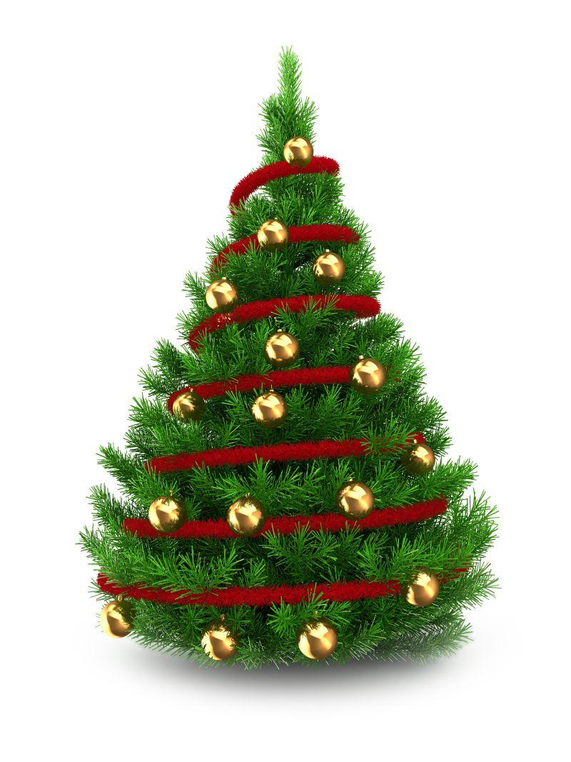 白色背景下围绕着红丝带的绿色圣诞树