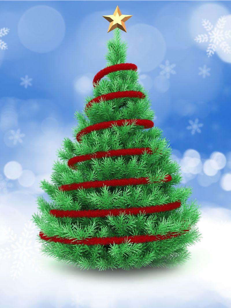 蓝色雪花背景下的绿色圣诞树3D插画