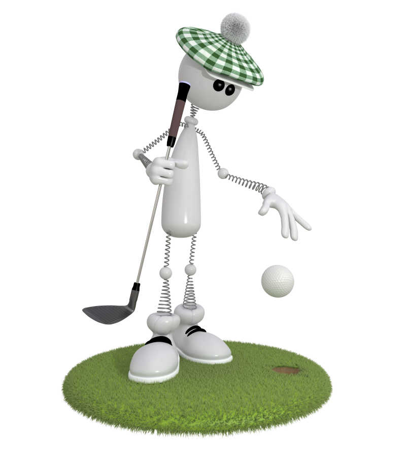 白色背景下正在打高尔夫球的3d小人