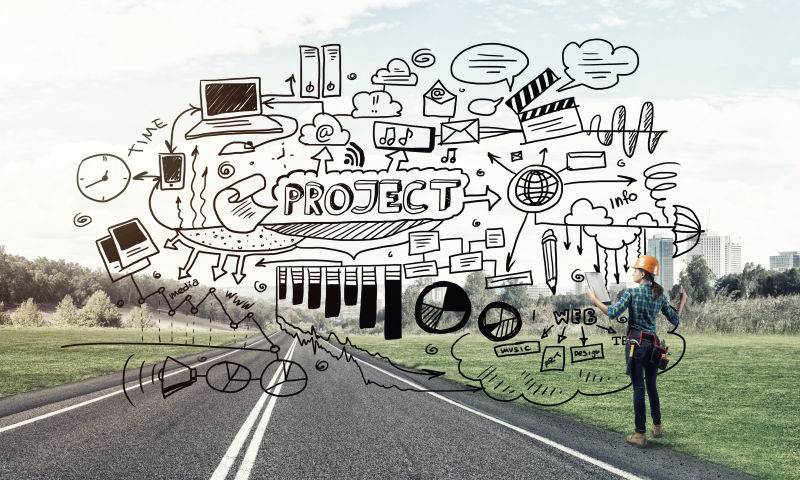 虚拟屏幕上的草图和女工程师