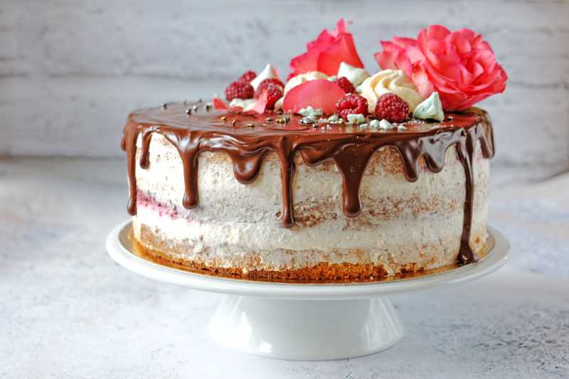 巧克力点心蛋糕和新鲜玫瑰