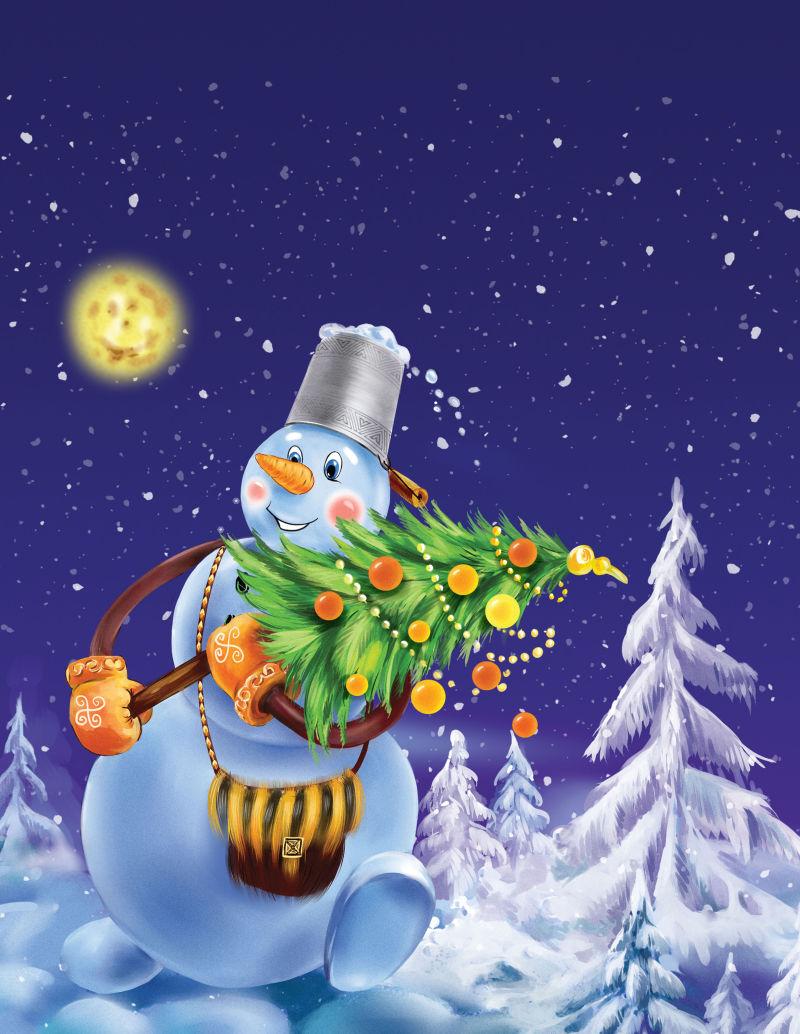 冬天里微笑的雪人抱着圣诞树