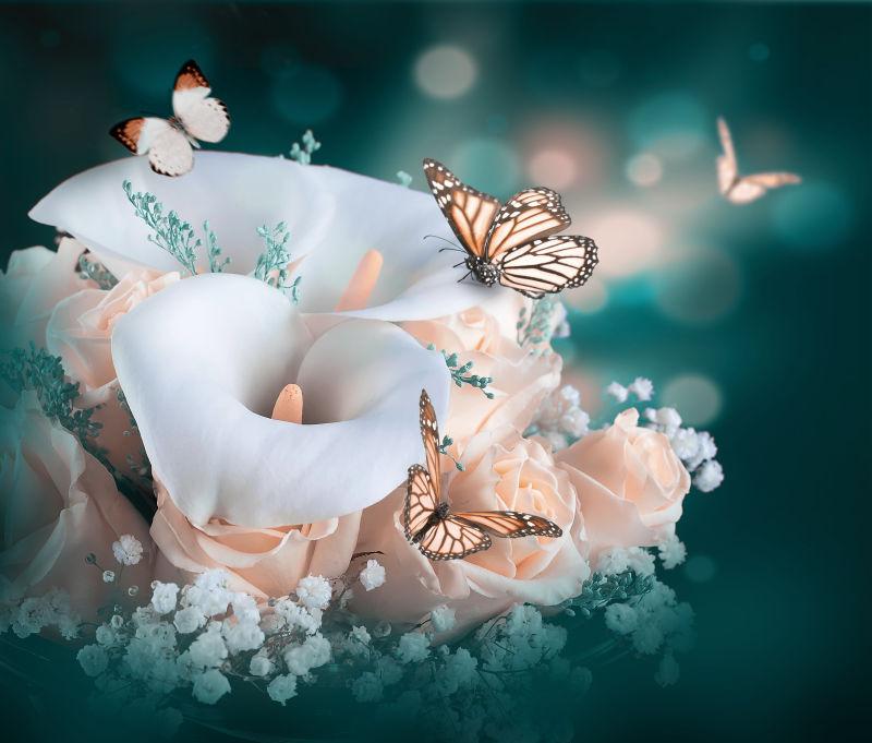 美丽的黄玫瑰和白色马蹄莲百合花束的新娘捧花