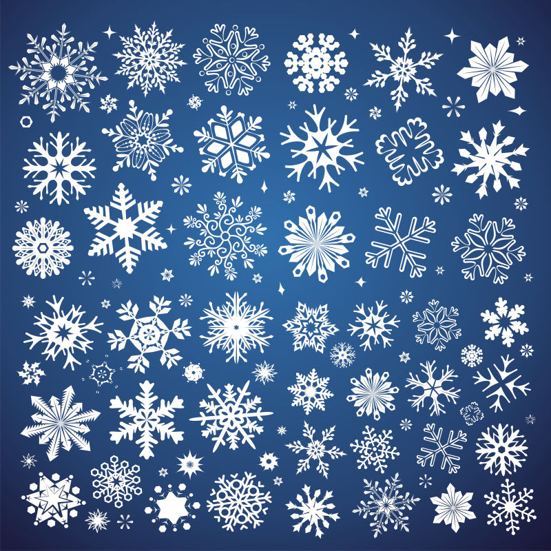 蓝色背景的各式白色雪花图案