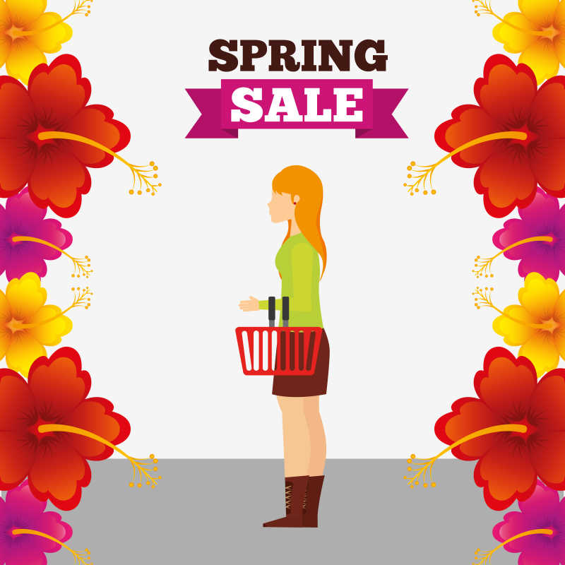 正在购物的女人创意春季销售设计矢量图