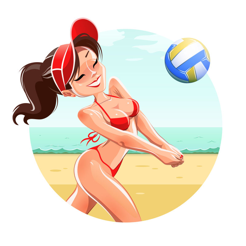 女孩在沙滩上打排球矢量插画