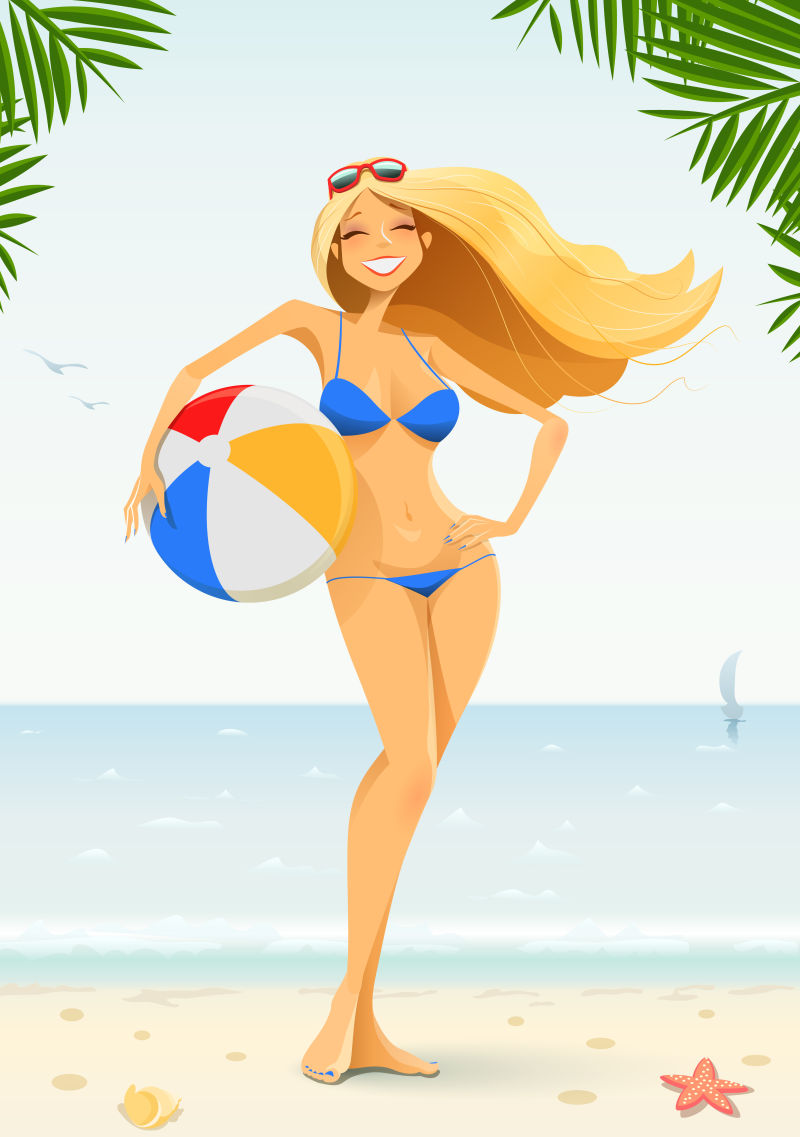 购 物 车. 海 滩 上 抱 着 排 球 的 金 发 美 女 矢 量 卡 通 插 画. 