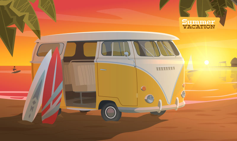 夕阳下的汽车矢量插画