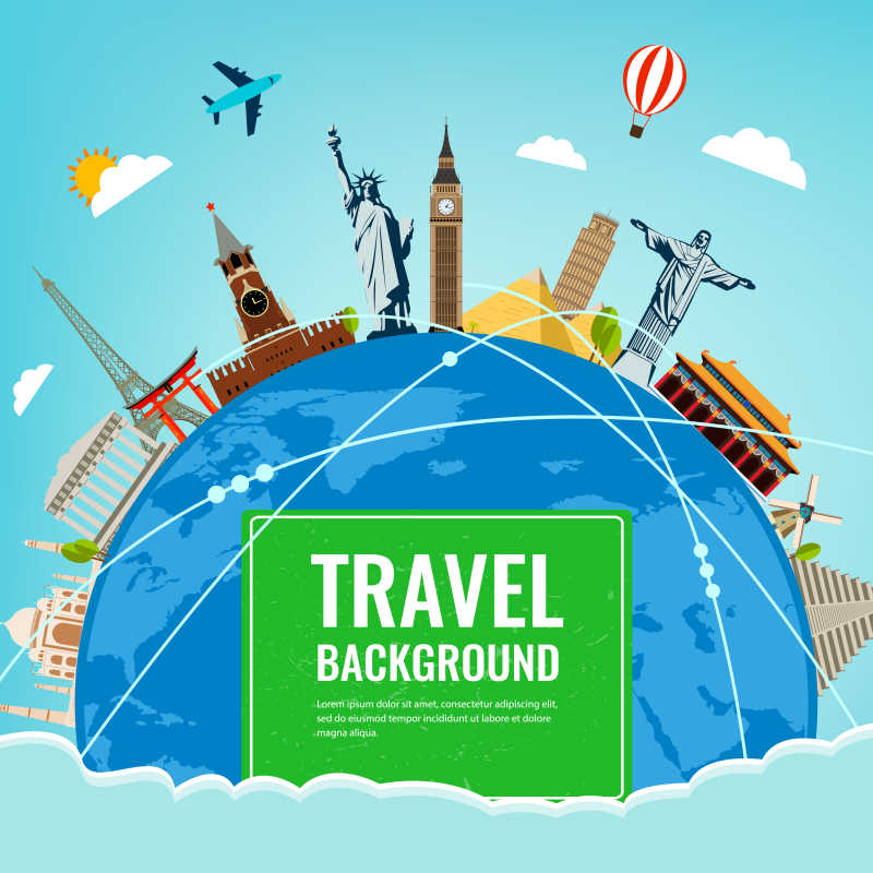 世界著名建筑和旅游景点矢量插画