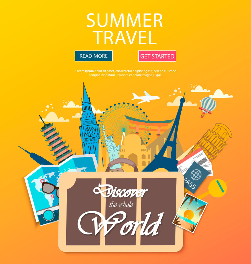 橙色背景下的旅游概念矢量插画