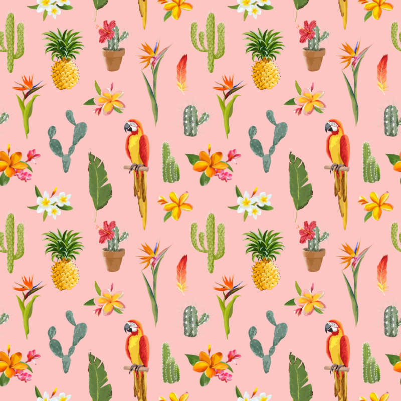 鹦鹉鸟和仙人掌矢量图标无缝背景