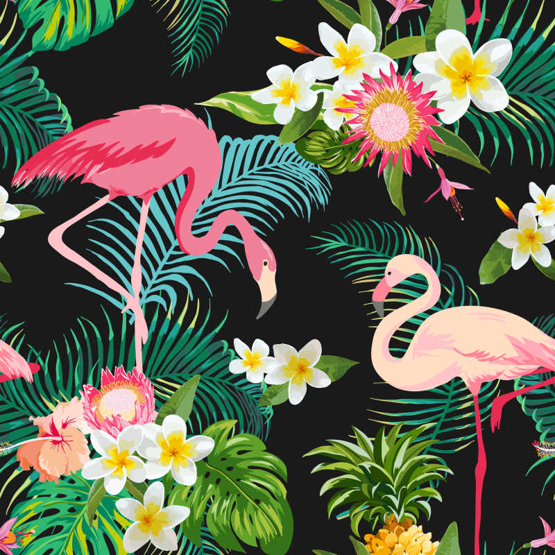 矢量火烈鸟和热带花草的矢量插图背景