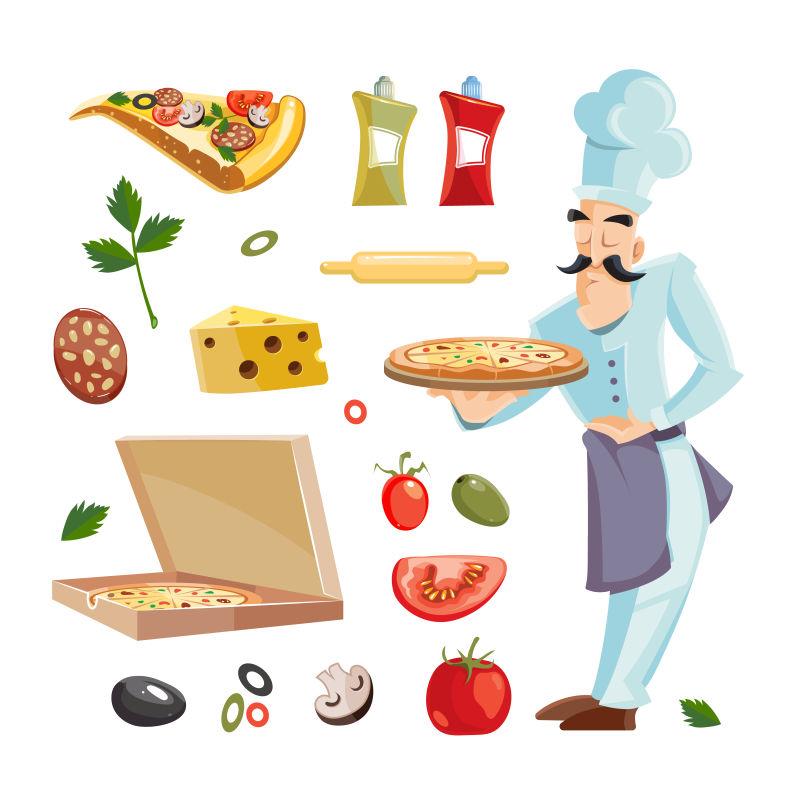 矢量漫画集与披萨馅饼